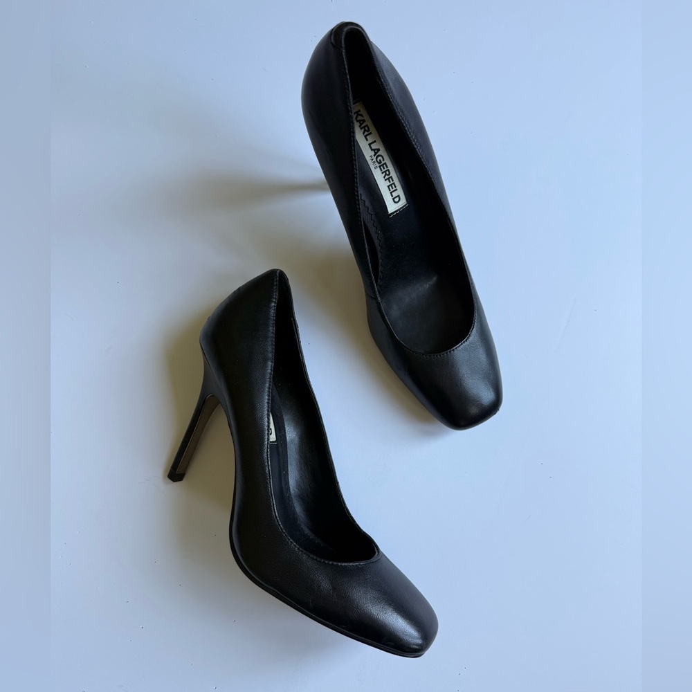 Karl Lagerfeld Paris MAKI Black Leather Pumps Gold Heels Size 8 - Picture 3 of 8
